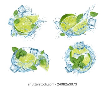 Realistic mojito, ice cubes, lime fruit, splash and mint leaves. 3d swirls, wave and flow of vector alcohol drink. Cuban mojito cocktail splashes set with soda water, citrus fruit juice, rum and ice