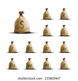 Realistic Money Bags with currency symbols isolated on white