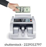 Realistic money counting machine composition with human hand putting dollar banknote into device on blank background vector illustration