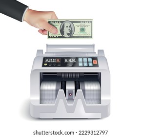 Realistic money counting machine composition with human hand putting dollar banknote into device on blank background vector illustration