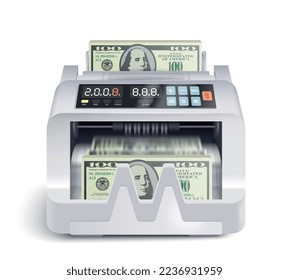 Realistic money counting machine composition with isolated front view of electronic banking apparatus on blank background vector illustration