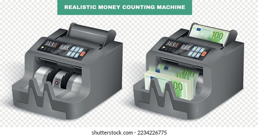 Realistic money counting machine set with two isolated views of empty and loaded apparatus with text vector illustration