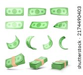 Realistic money set. Collection of 3D green dollars isolated on white background. Twisted paper bills and stack of currency banknotes. Business and finance object for banner design. Vector