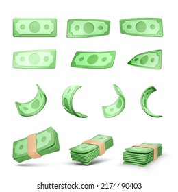 Realistic money set. Collection of 3D green dollars isolated on white background. Twisted paper bills and stack of currency banknotes. Business and finance object for banner design. Vector - Shutterstock ID 2174490403