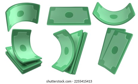 Realistic money set. Collection of 3D green dollars . Twisted paper bills and stack of currency banknotes. Vector