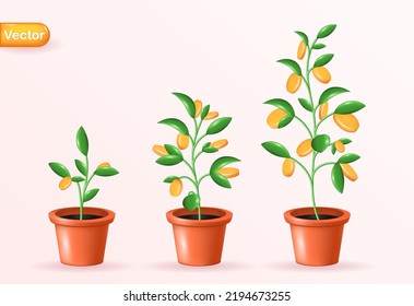 Realistic Money tree with gold coins dollars. Finance, investment, money earning growth illustration concept