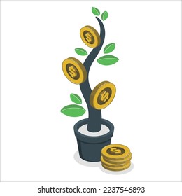 Realistic Money tree with gold coins dollars. Finance and banks, savings and investments. Vector illustration.