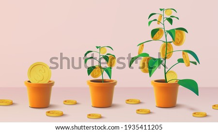 Realistic Money tree with gold coins dollars. Finance and banks, savings and investments. Vector illustration