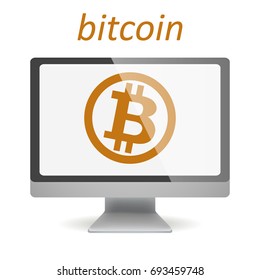 Realistic monitor with Bitcoin Cripto currency blockchain logo.