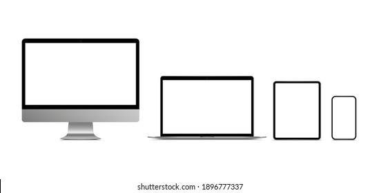 Realistic monitor computer, laptop, tablet and smartphone. Modern device set. Mock up desktop computer, notebook, tablet, mobile phone with blank screen.