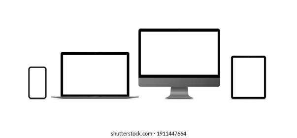 Realistic monitor computer, laptop, tablet and smartphone. Modern device set. Mock up desktop computer, notebook, tablet, mobile phone with blank screen. Electronic gadgets.