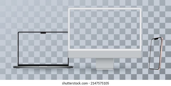 Realistic monitor computer, laptop, tablet and smartphone. Modern device set. Mock up desktop computer, notebook, tablet, mobile phone with background screen. Electronic gadgets.