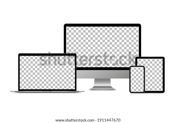 Realistic monitor\
computer, laptop, tablet and smartphone. Modern device set. Mock up\
desktop computer, notebook, tablet, mobile phone with background\
screen. Electronic\
gadgets.