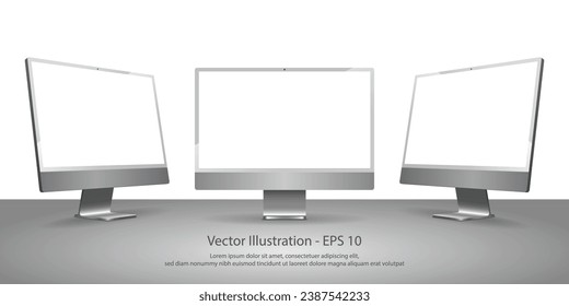 Realistic Monitor and Computer mockup with white empty display. Editable Vector Illustration.