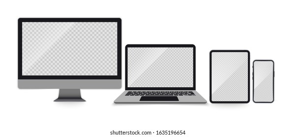 Realistic monitor, laptop, tablet, smartphone. Set of Devices with empty screens. Electronic gadgets laptop, tablet computer, monitor and mobile phone on transparent screen