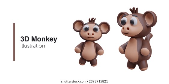 Realistic monkeys in different positions. Collection of cartoon animal toy characters for online store. Vector illustration in 3d style on white background