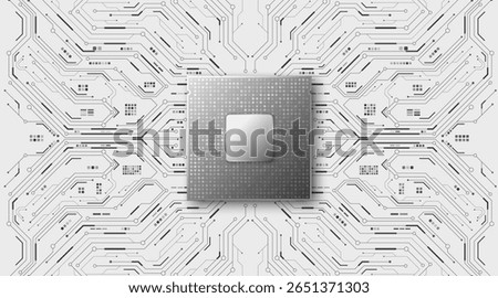Realistic monochrome CPU microchip with circuit board for Technology background. Futuristic motherboard design with data connections, processor and electronic elements. Vector illustration.
