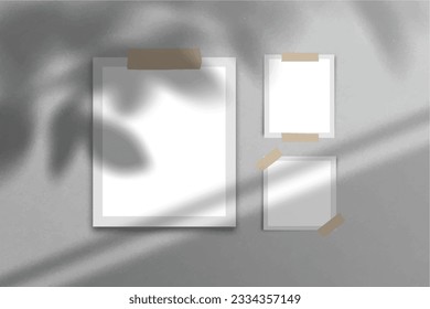 Realistic moodboard polaroid photo paper frame mockup isolated with shadow overlay. For blank photo cards, torn paper, square frame glued adhesive tape for graphic designers presentations, portfolio.