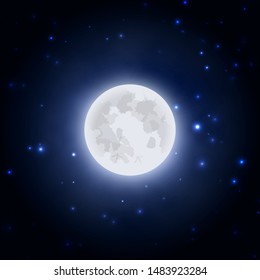 Realistic Moon Icon On Blue Dark Night Sky Background, Vector Illustration. 