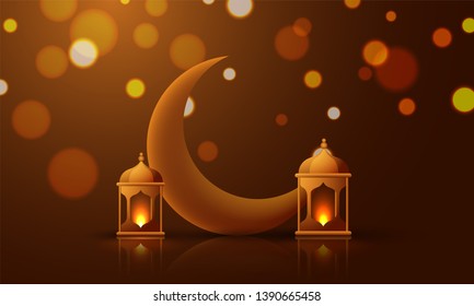 Realistic moon and illuminated lantern on shining brown background for Ramadan kareem banner or poster design.