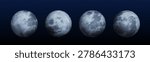 Realistic moon illustration with surface craters and lunar texture, 3d vector icons isolated on transparent background. Planet full size spheres, different view for astronomy space projects