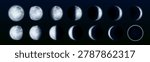 Realistic moon illustration with surface craters and lunar texture, 3d vector icons isolated on black background. Planet eclipse phases, full size and crescent view for astronomy space projects