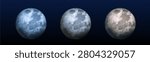 Realistic moon illustration with surface craters and lunar texture, 3d vector icons isolated on transparent background. Full size planets, blue, gray and yellow spheres for astronomy space projects