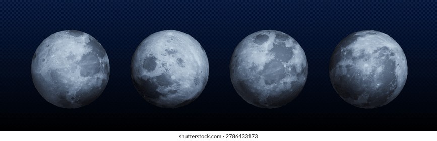 Realistic moon illustration with surface craters and lunar texture, 3d vector icons isolated on transparent background. Planet full size spheres, different view for astronomy space projects