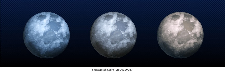 Realistic moon illustration with surface craters and lunar texture, 3d vector icons isolated on transparent background. Full size planets, blue, gray and yellow spheres for astronomy space projects