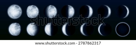 Realistic moon illustration with surface craters and lunar texture, 3d vector icons isolated on black background. Planet eclipse phases, full size and crescent view for astronomy space projects