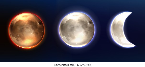 Realistischer Mond, Mondvoll und Winderphasen. Earth Satellit, Phoebe Astrologie detailliertes Objekt mit Kratern, rundes glänzendes Zifferblatt mit rotem und blauem leuchtendem Heilbutt auf dunklem Himmel 3D-Vektorillustration-Illustration