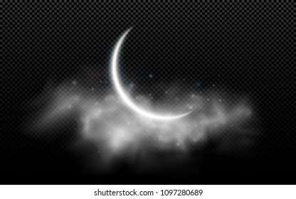 Realistic moon month with clouds isolated on a transparent background. Starry cloud. Dark night. Muslim holiday Ramadan Kareem. Glowing milk moon. Vector illustration. EPS 10