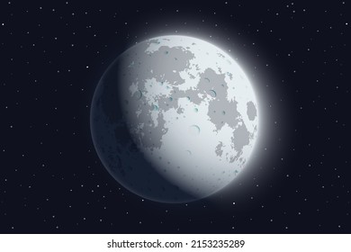 Realistic moon on a dark starry sky background. Moon in a waxing gibbous phase vector illustration.