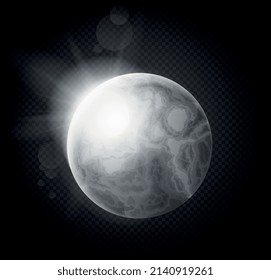Realistic moon on transparent background. Satellite of Earth and element of solar system. Astronomy and astrology, university and galaxy. Bright flash on black backdrop. Isometric vector illustration