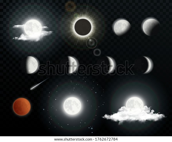 Realistic Moon\
phases with clouds on transparent background. Solar eclipse. Lunar\
eclipse. Vector Illustration\
eps10