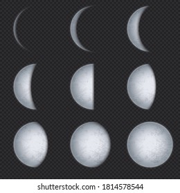 Realistic moon phases. Lunar phase, full luna and new crescent with night sky. Earth satellite surface with texture astronomical vector set. Astronomy lunar phase crescent and eclipse illustration