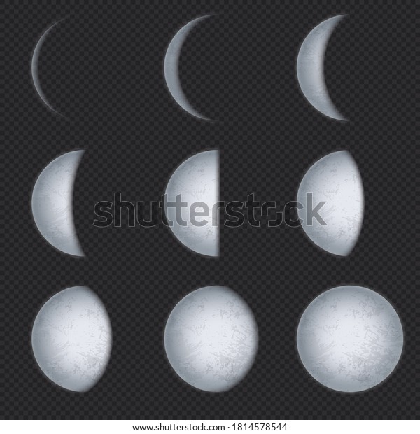 Realistic moon phases. Lunar phase, full\
luna and new crescent with night sky. Earth satellite surface with\
texture astronomical vector set. Astronomy lunar phase crescent and\
eclipse illustration