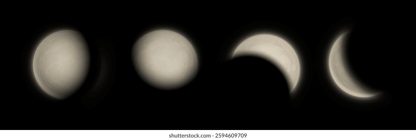 Realistic moon phases on black background. Lunar cycle from gibbous to crescent shape. Celestial body with soft glow edges and detailed surface texture. Astronomical element for night sky illustration