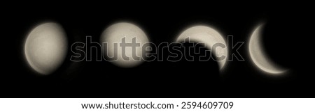 Realistic moon phases on black background. Lunar cycle from gibbous to crescent shape. Celestial body with soft glow edges and detailed surface texture. Astronomical element for night sky illustration