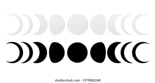 Realistic Moon phases with texture vector. Full moon, cresent moon, quarter silhouette.