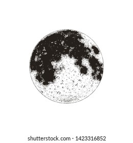 Realistic moon sketch, black and white graphic, vector illustration