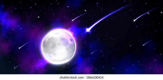 Realistic moon in space with stars and meteors, full luna Earth satellite, Phoebe astrology detailed object with craters, round shining dial with glowing halo on night dark sky, 3d vector illustration