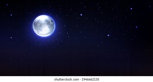 Realistic moon in space with stars and transparency, full luna Earth satellite, Phoebe astrology detailed object with craters, round shining dial with glowing halo on night sky, 3d vector illustration