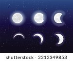 Realistic moon vector at different stages in the night sky.