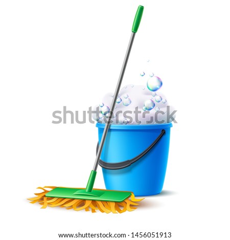 Realistic mop and blue bucket full of soapy foam with colorful bubbles. Floor mopping concept for housework design. Vector cleaning service banner. Domestic hygiene household chores 3d poster.