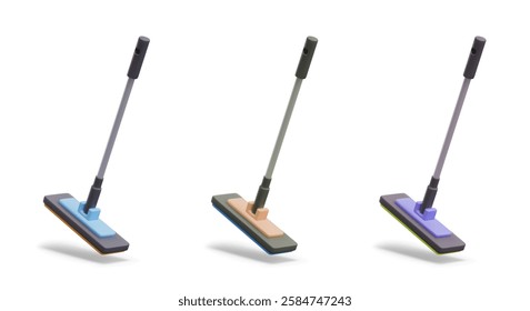 Realistic mop with long handle. Set of vector models of different colors in floating position. Isolated templates for wet cleaning, floor cleaning concepts