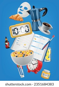 Realistic morning composition with collage of icons with alarm clocks coffee oatmeal croissant and cosmetic mask vector illustration