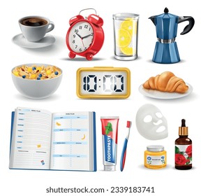 Realistic morning set with isolated images of alarm clock lunch food drinks toothpaste toothbrush and cosmetics vector illustration