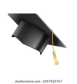 Realistas sombreros de mortero. Gorra de graduación de un estudiante con borlas multicolores. Sombrero negro en la graduación en la universidad. Símbolo de la educación académica, tocado universitario.