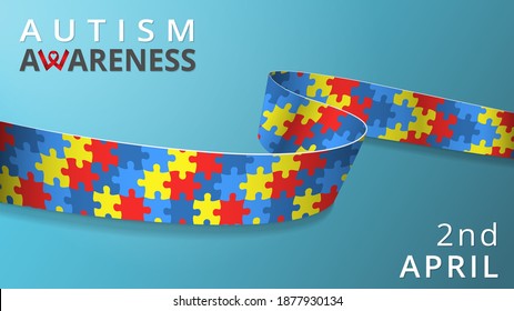 Realistic mosaic ribbon. Awareness autism month poster. Vector illustration. Colorful puzzles. Childlike background. World autism day solidarity concept. 2nd of April